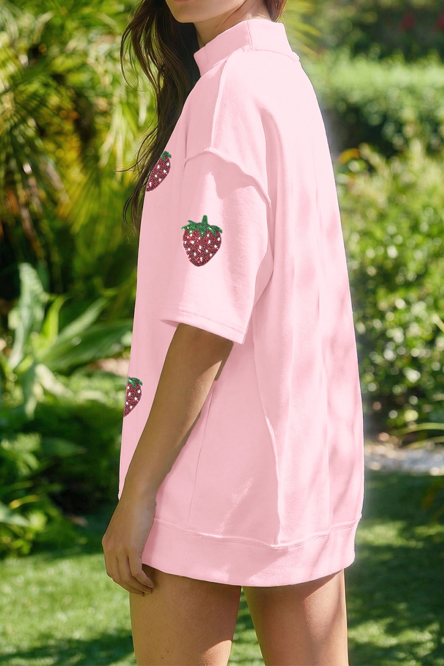 Light Pink Sequin Strawberry Oversized Tee Casual Shorts 2pcs Set