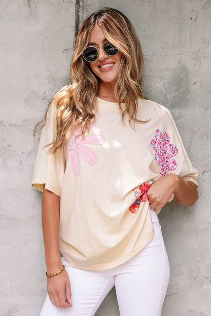 Sky Blue Flower Patched Exposed Stitching Trim Crew Neck Loose Tee