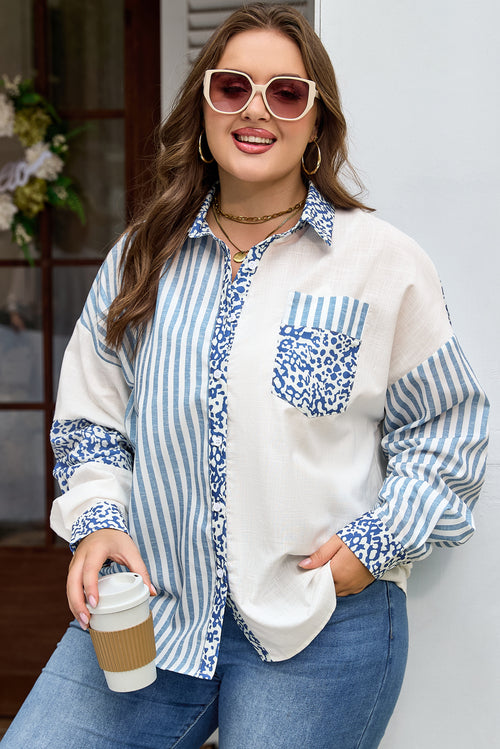 Sky Blue Leopard Striped Patchwork Casual Plus Shirt