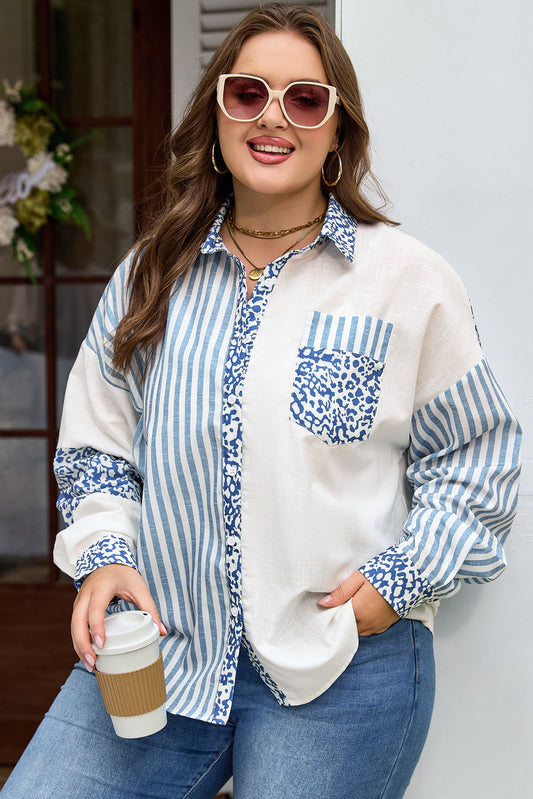 Sky Blue Leopard Striped Patchwork Casual Plus Shirt