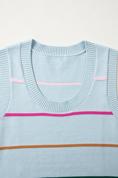 White Stripe Round Neck Knitted Sweater Tank