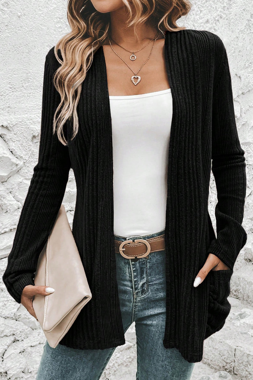Stone Blue Ribbed Open Front Knitted Top with Pockets