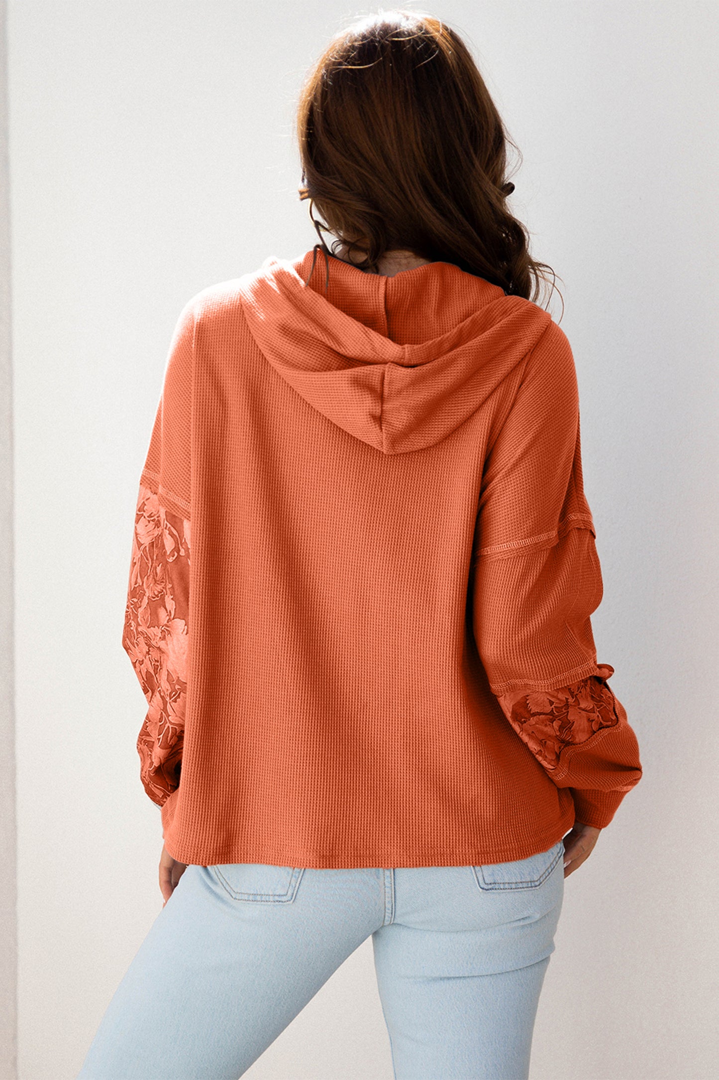 White Waffle Printed Patchwork Drawstring Hooded Long Sleeve Top