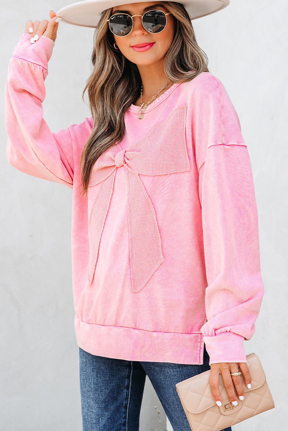 Orchid Bouquet Mineral Wash Big Bow Patchwork Pullover Sweatshirt