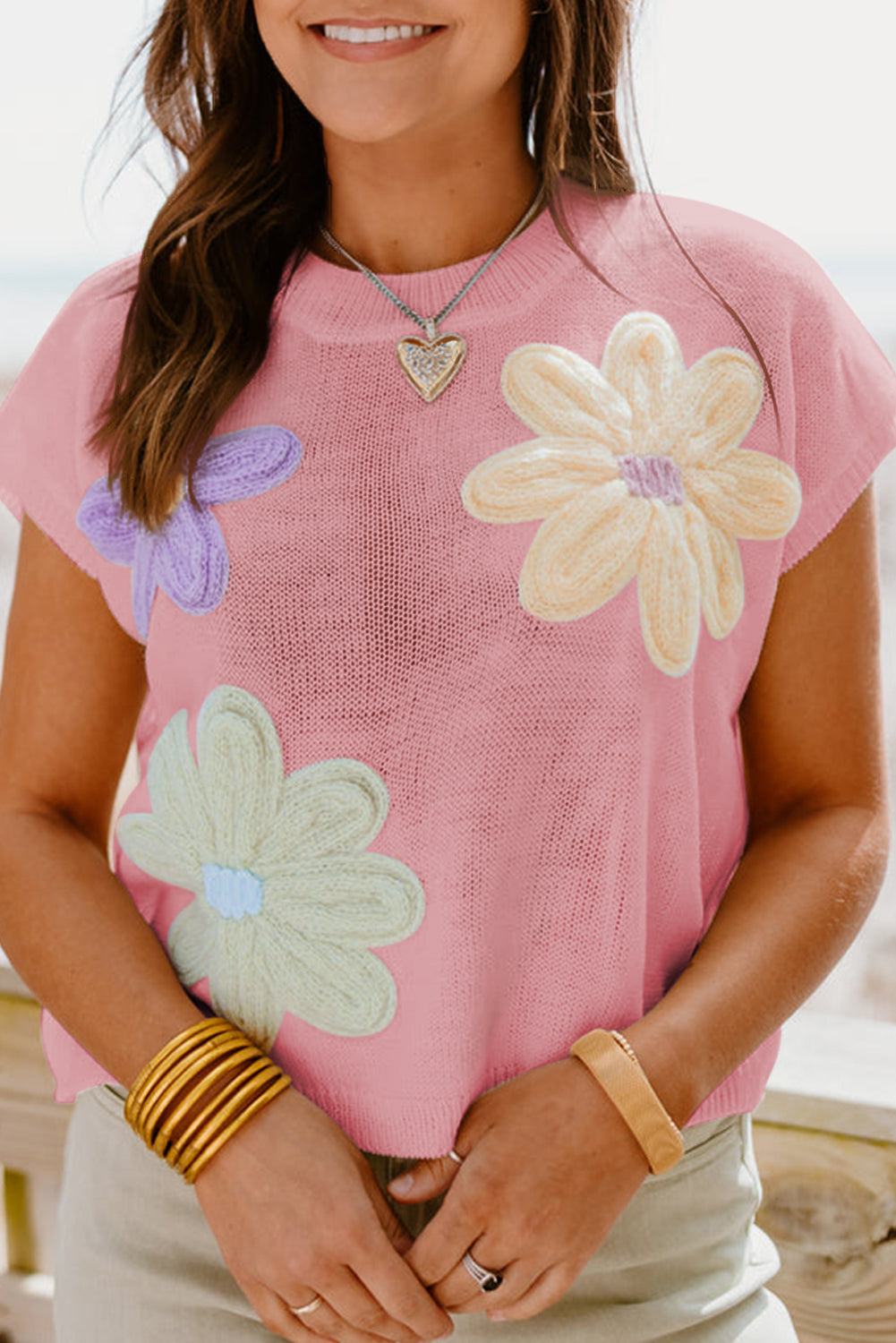 White Multi Crochet Flower Knit Short Sleeve Sweater Tops