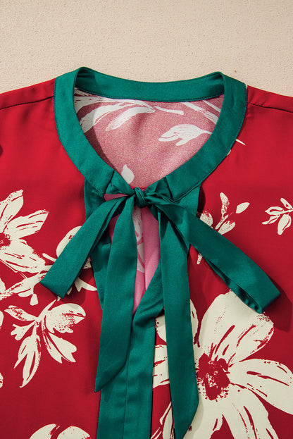 Red Contrast Tied Neck Shirred Puff Sleeve Flower Blouse