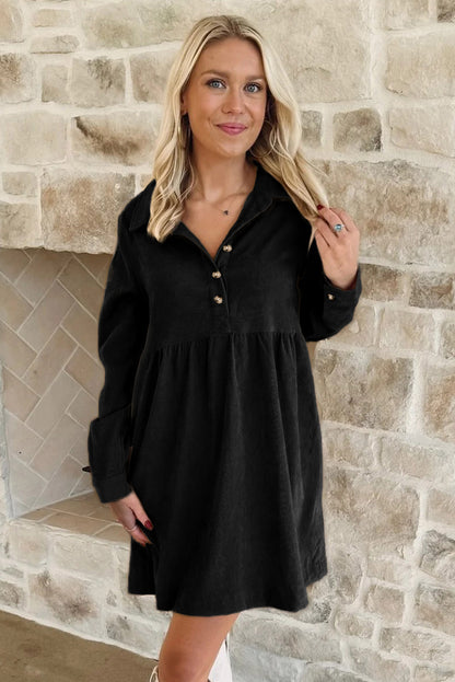Vineyard Green Corduroy Half Button Collared Long Sleeve Mini Dress