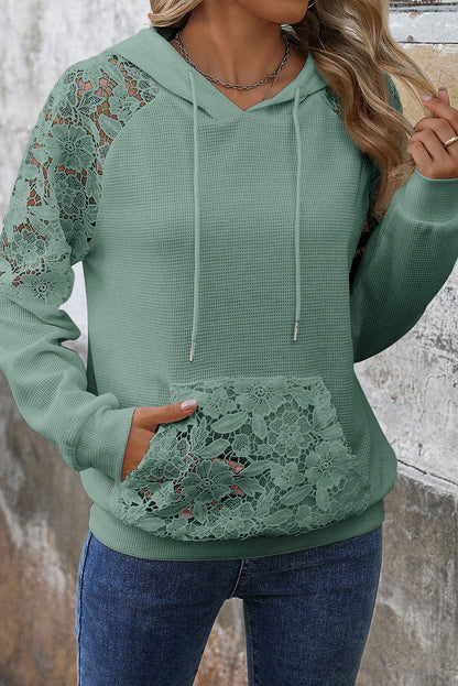 Gossamer Pink Lace Patchwork Raglan Sleeve Kangaroo Pocket Waffle Hoodie