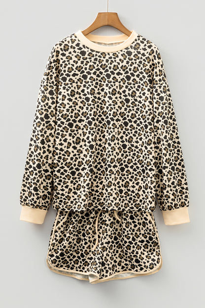 Brown Leopard Print Contrast Trim Long Sleeve Pullover Drawstring Shorts 2pcs Outfit