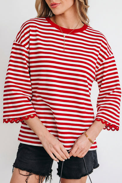 Racing Red Striped Print Drop Shoulder Lace Trim Bracelet Sleeve Loose Top