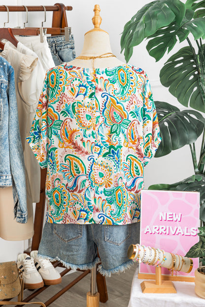 Green Boho Paisley Floral Printed Puff Sleeve Blouse