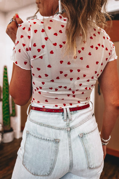 Pink Allover Heart Print Mesh Short Sleeve Top