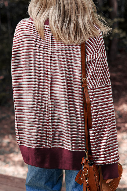 Black Stripe Ribbed Trim Drop Shoulder Long Sleeve Oversize Top
