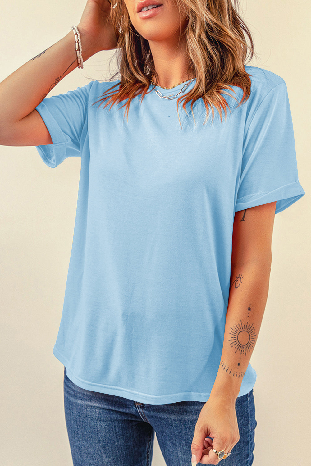 Sachet Pink Bright Casual Plain Crew Neck Tee