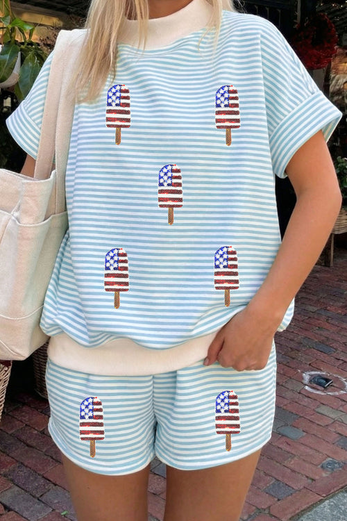 Sky Blue Stripe Patriotic Sequin Popsicle Mock Neck Top Short Set