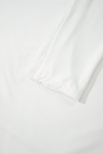 White Lace Patchwork Round Neck Long Sleeve Top