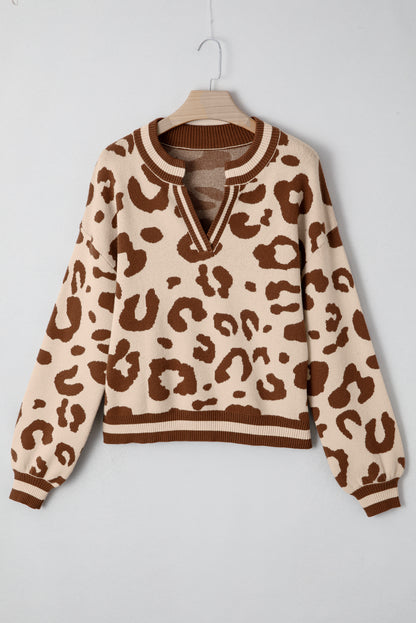 Light French Beige Leopard Printed Knit V Neck Casual Sweater