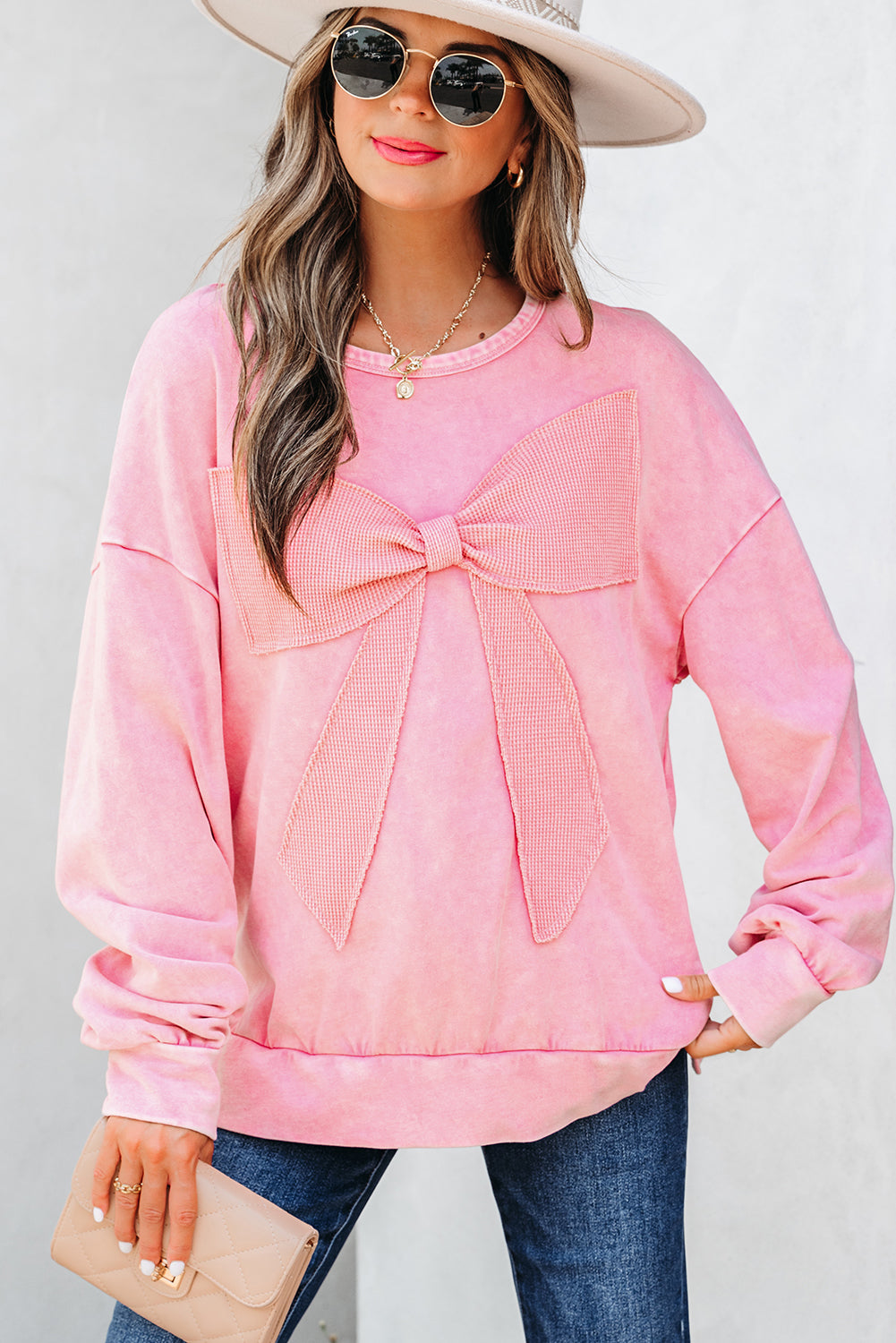 Orchid Bouquet Mineral Wash Big Bow Patchwork Pullover Sweatshirt