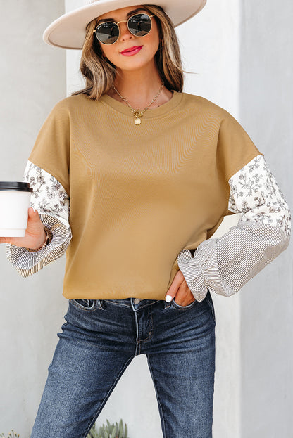 Camel Floral Striped Patchwork Ruffled Sleeve Crew Neck Sweatshirt