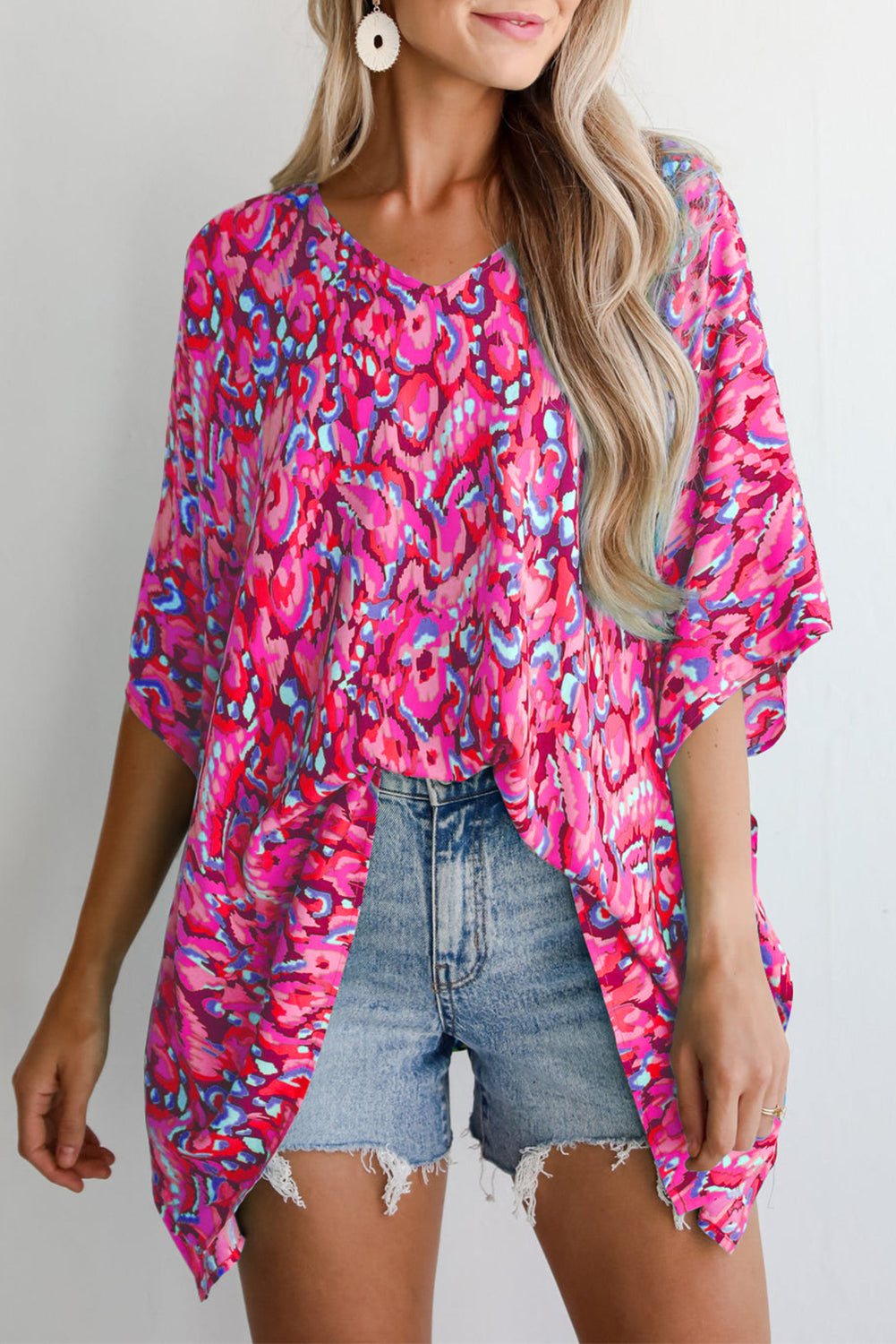 Green Abstract Print V Neck Half Sleeve Loose Fit Tunic Blouse
