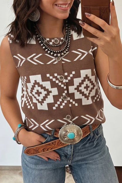 Brown Western Geometric Pattern Sleeveless Knit Sweater Vest