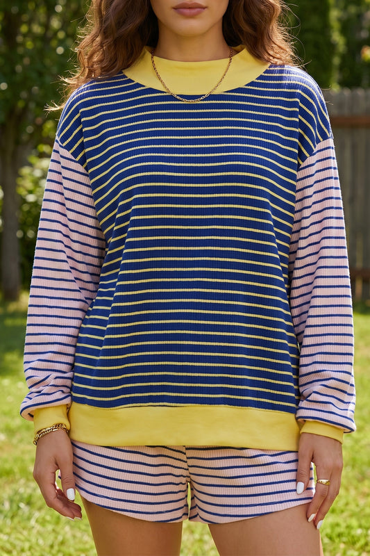 Blue Stripe Color Block Long Sleeve Pullover Ribbed Knit Casual Shorts Set