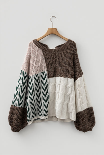 Purple Color Block Patchwork Knotted Back Loose Fit Sweater