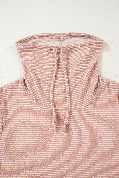 Pale Chestnut Horizontal Twist Ribbed Drawstring Cowl Neck Knit Top