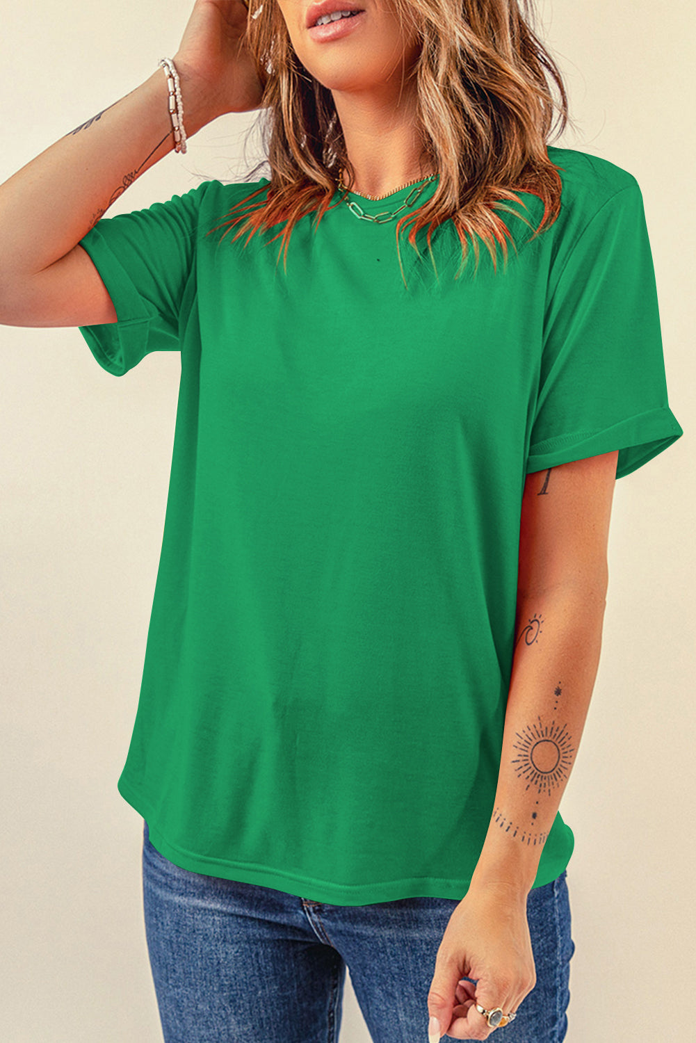 Sachet Pink Bright Casual Plain Crew Neck Tee