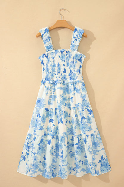 Sky Blue Ruffled Straps Smocked High Waist Floral Maxi Dress
