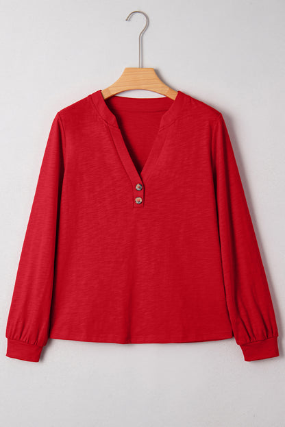Light French Beige Solid Color Button V Neck Long Sleeve Top