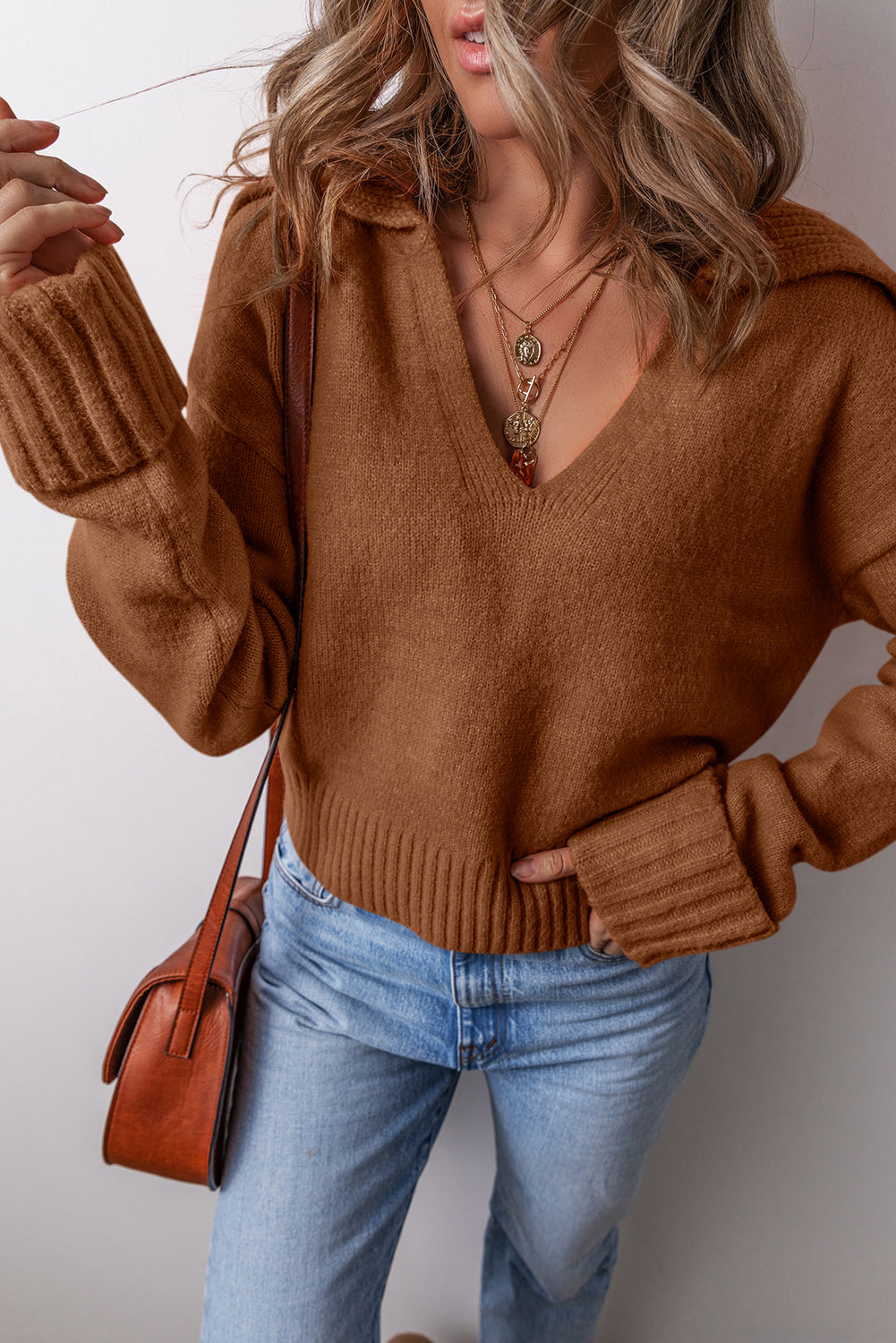 Racing Red Collared V Neck Ribbed Edge Sexy Elegant Sweater