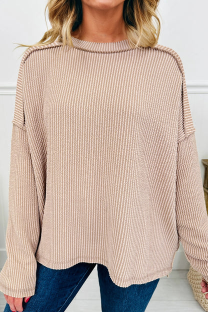 Black Twist Ribbed Exposed Seam Detail Long Sleeve Loose Top