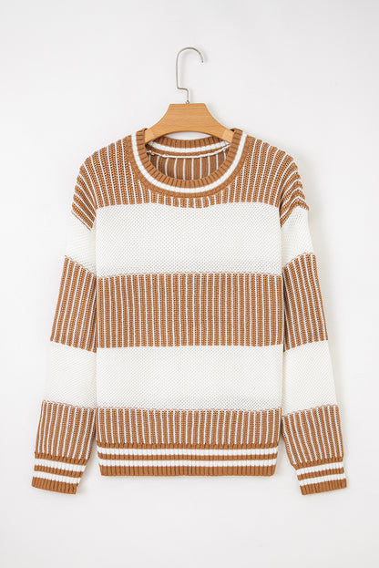 Brown Two Tone Striped Patchwork Drop Shoulder Loose Sweater