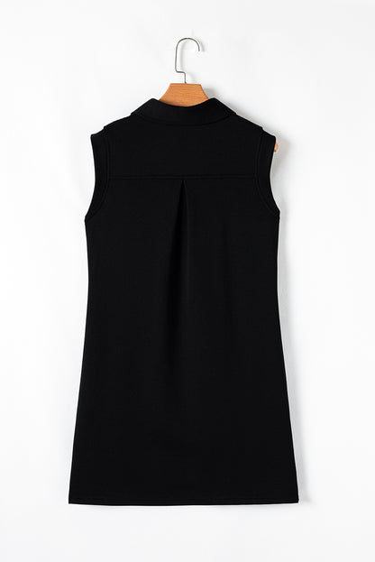 Black Sequin Patched V Neck Collared Mini Dress