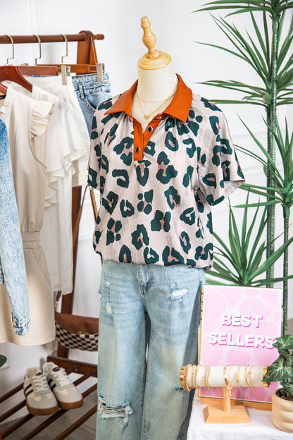 Casual Unique Leopard Print Button Contrast Collared Short Sleeve Blouse