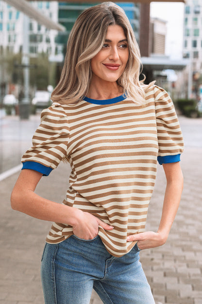 Brown Stripe Short Puff Sleeve Contrast Trim Round Neck Tee