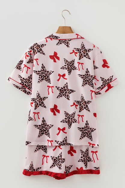 White Leopard Star Ribbon Bow Print Contrast Trim Short Pajama Set