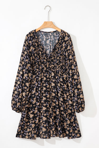 Black Floral Deep V Neck Smocked Bust Bubble Sleeve Babydoll Dress