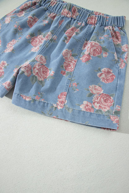 Sky Blue Floral Denim Short Sleeve Top Loose Shorts 2pcs Set