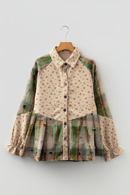 Oatmeal Boho Floral Plaid Patchwork Distressed Detail Ruffled Sleeve Waffle Knit Shacket