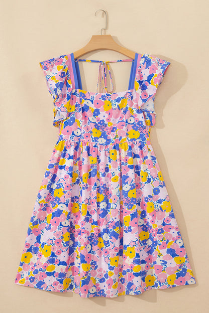 Multicolour Floral Print Flutter Sleeve Striped Trim Square Neck Loose Mini Dress