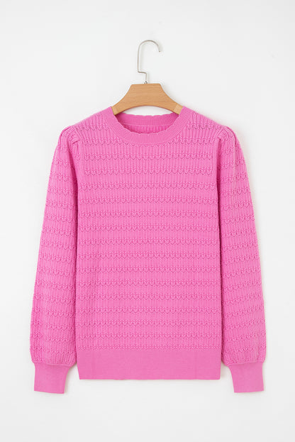 Fiery Red Trendy Pattern Knit Ribbed Cuffs Crew Neck Sweater