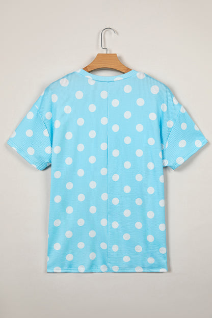 Sky Blue Polka Dot Patch Pocket Twisted Ribbed Top