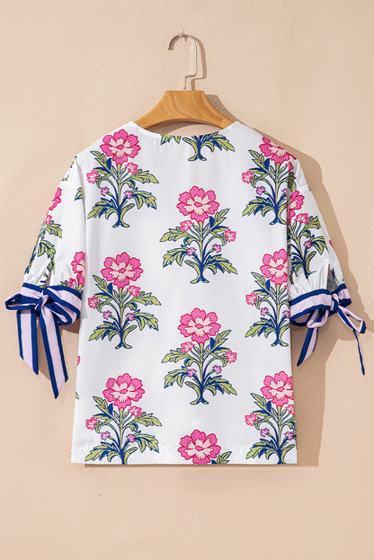 White Floral Colorblock Stripe Knot Bubble Sleeve V Neck Blouse