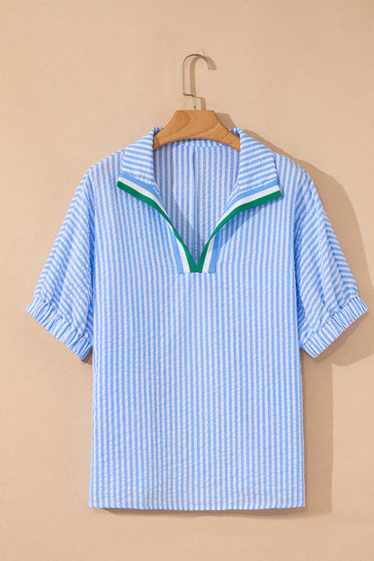 Sky Blue Striped Print Contrast Split Neck Dolman Sleeve Blouse