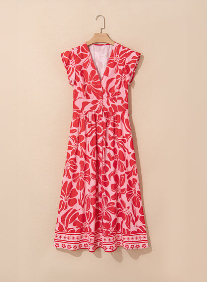 Red Boho Floral Short Sleeve V Neck Buttoned Shirred Waist Long Dress