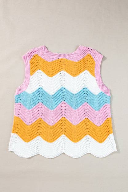 Multicolour Striped Colorblock Scalloped Hem Knitted Vest