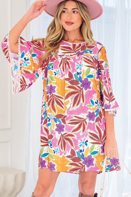 Pink Floral Print Lace Trimmed Tie Back Bell Sleeve Swing Mini Dress