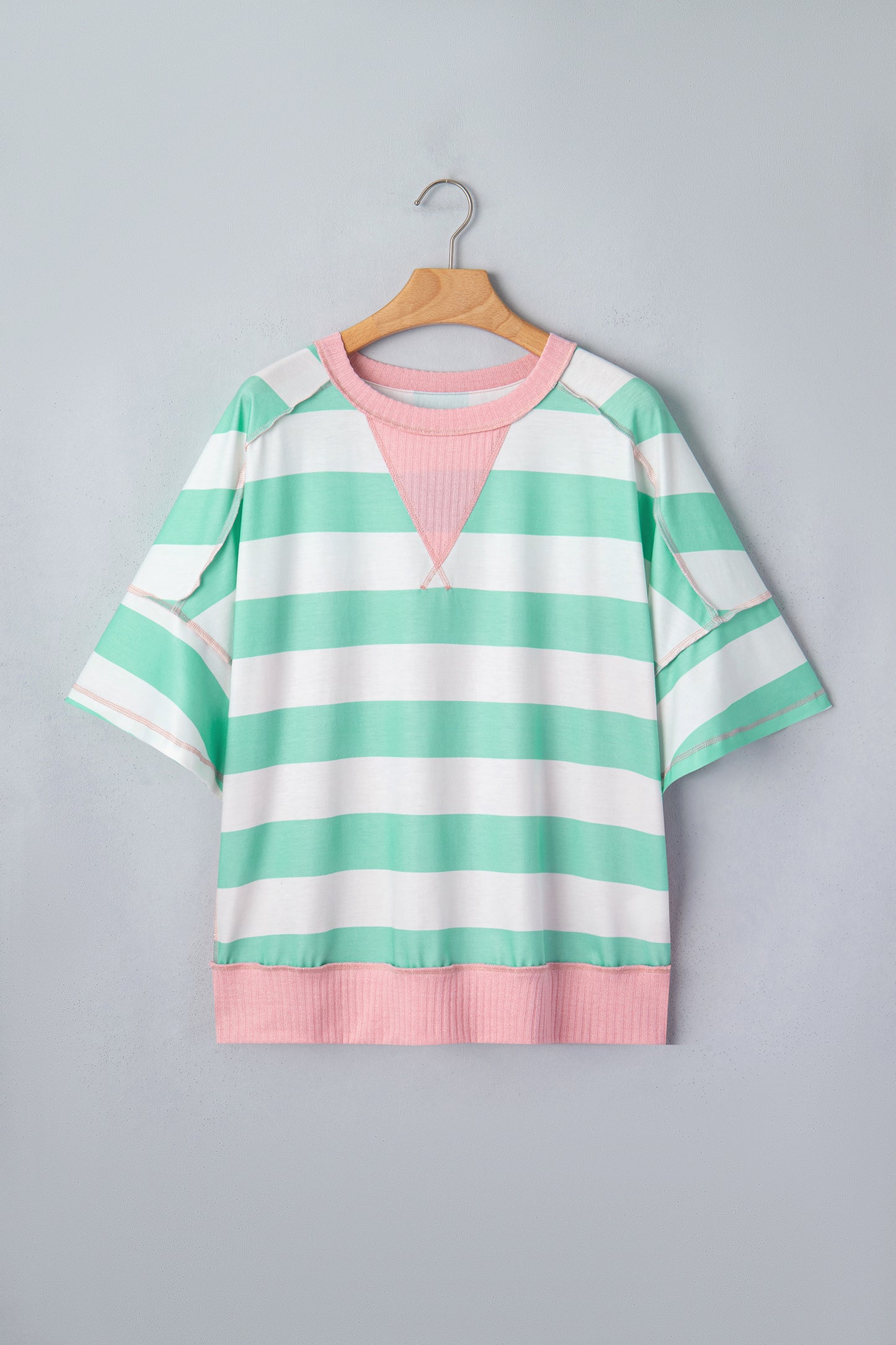 Pink Stripe Exposed Seam Ribbed Patchwork Oversized Tee
